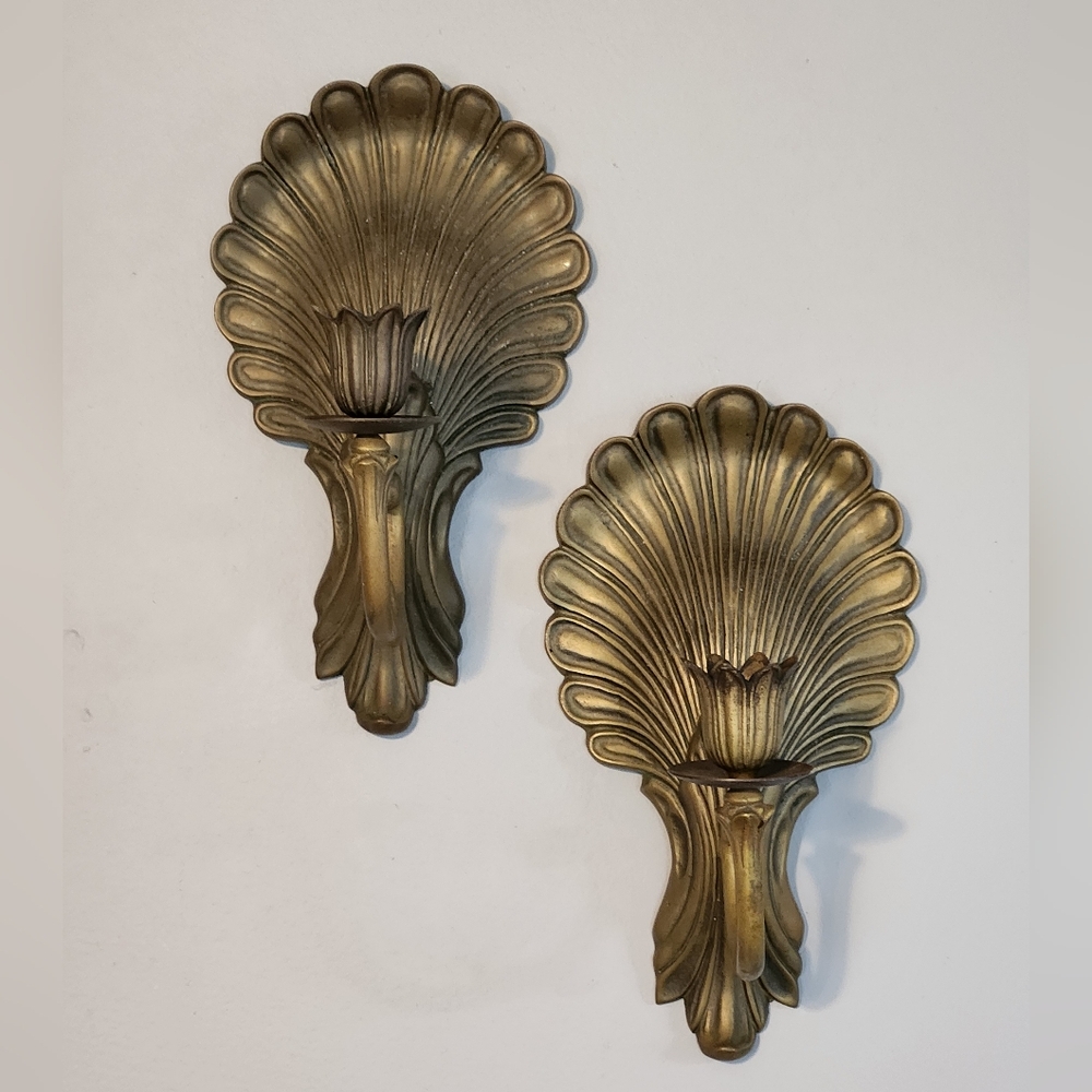 Vintage Art Deco  Brass Shell & Tulip Wall Sconces Andrea By Sadek - Pair